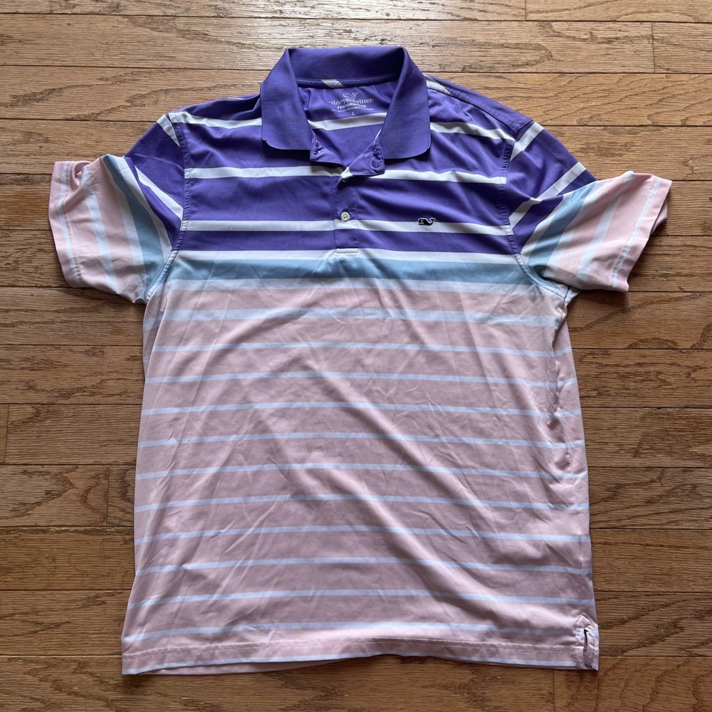 Vineyard Vines Performance Polo Shirt Men's L Purple Pink Striped‎ Colorblock